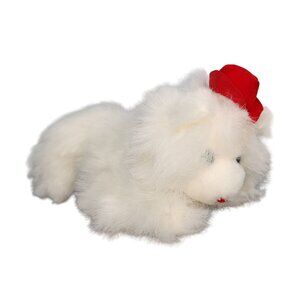Vintage FIB White Kitty Cat Plush with Red Velvet Hat Stuffed Animal Fuzzy